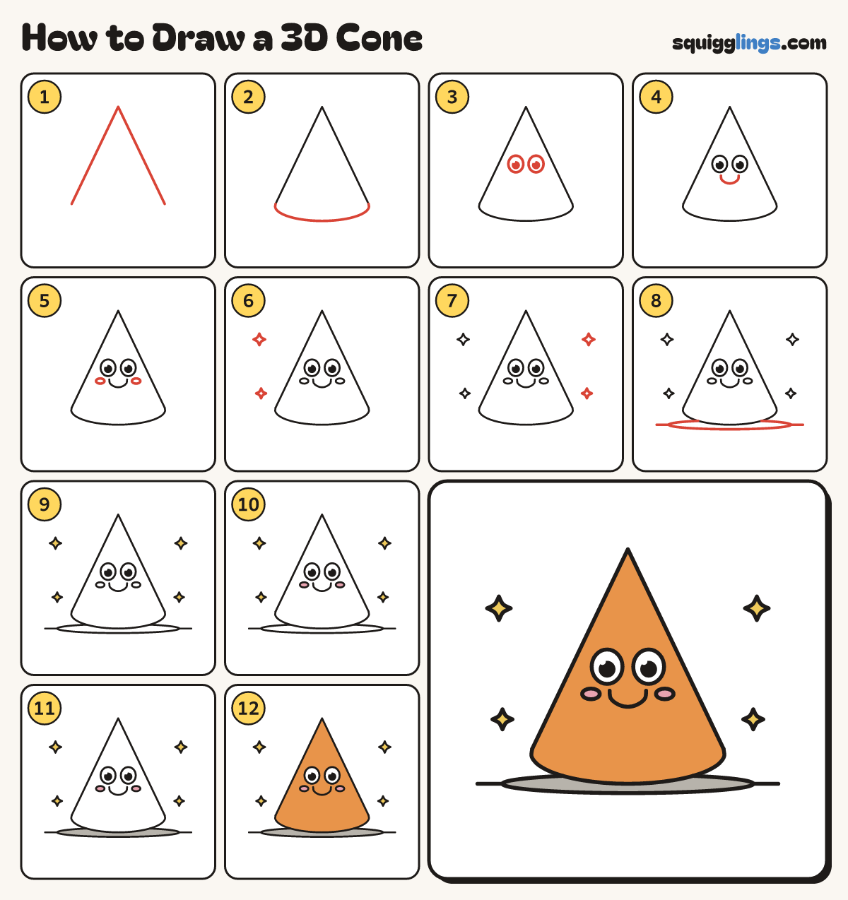 How to Draw a 3D Cone step by step: all 12 steps in one picture