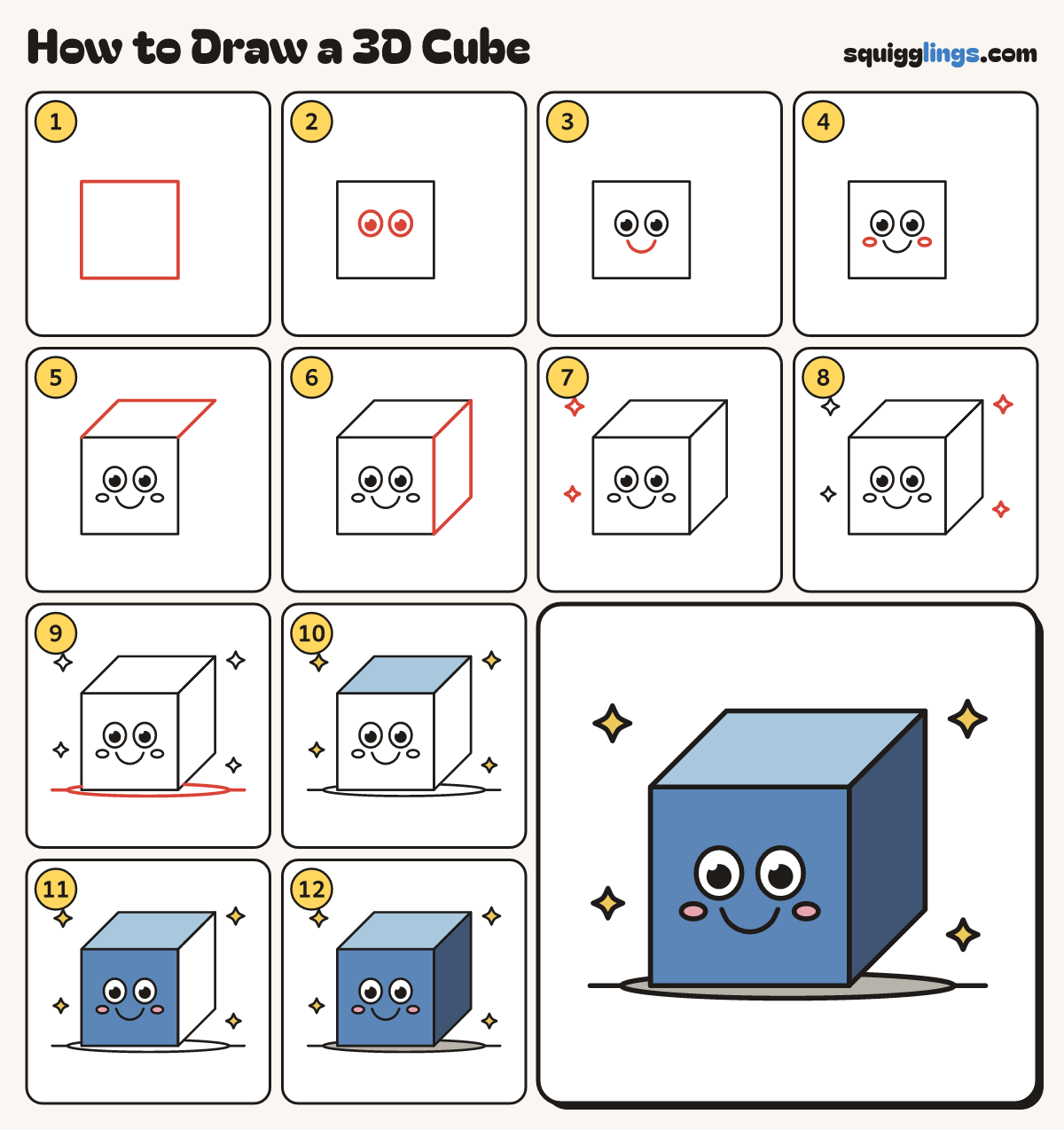 How to Draw a 3D Cube step by step: all 12 steps in one picture