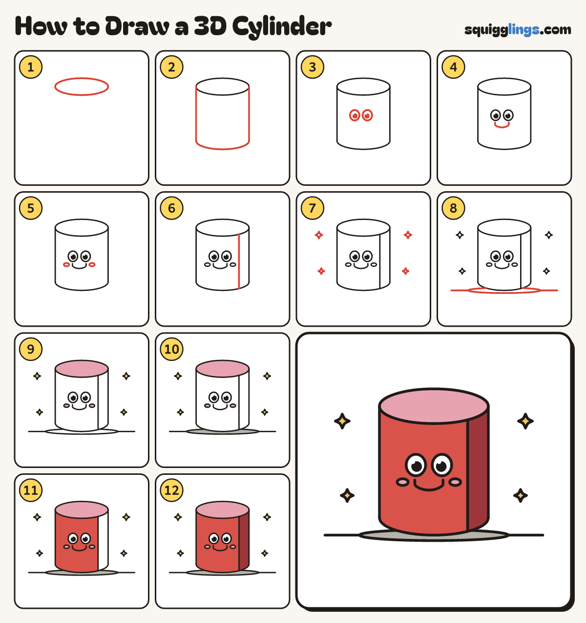 How to Draw a 3D Cylinder step by step: all 12 steps in one picture