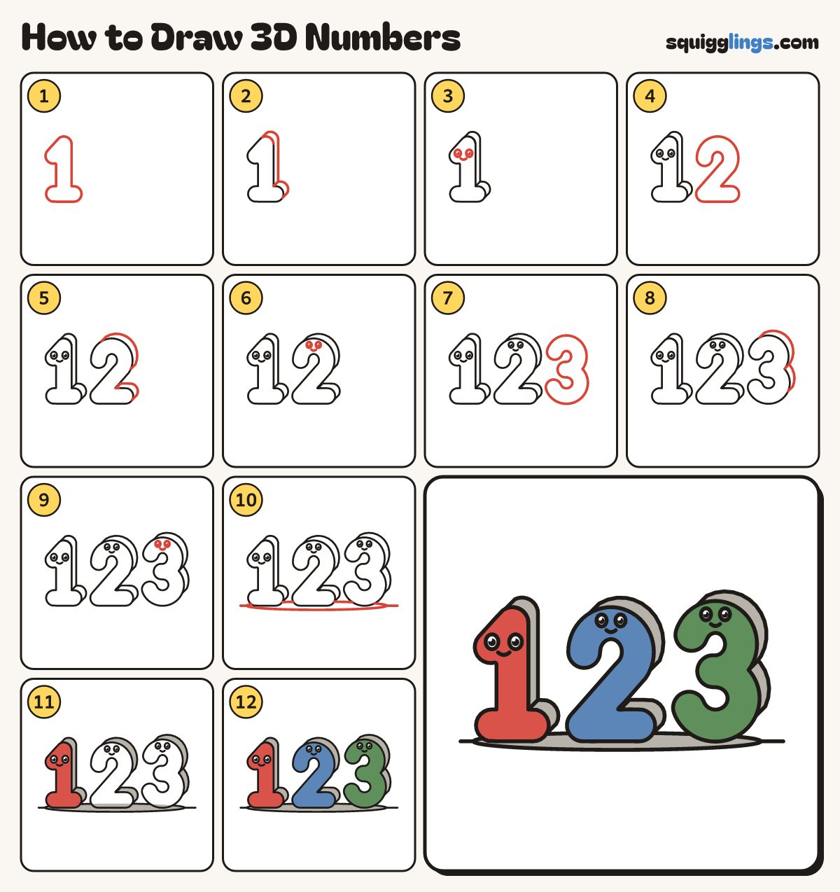 How to Draw 3D Numbers step by step: all 12 steps in one picture