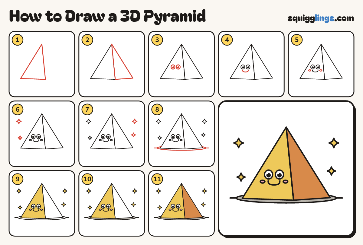 How to Draw a 3D Pyramid step by step: all 11 steps in one picture
