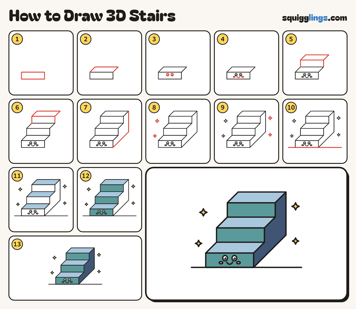 How to Draw 3D Stairs step by step: all 13 steps in one picture