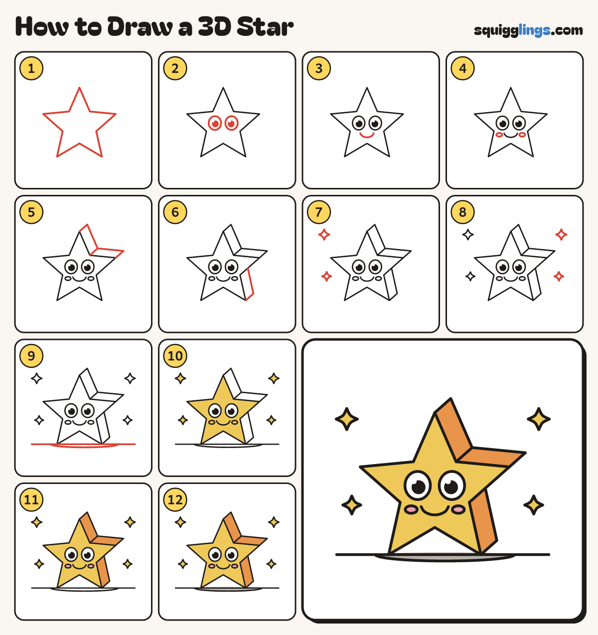 How to Draw a 3D Star step by step: all 12 steps in one picture