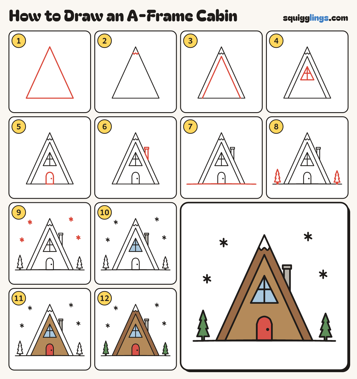 How to Draw an A-Frame Cabin step by step: all 12 steps in one picture