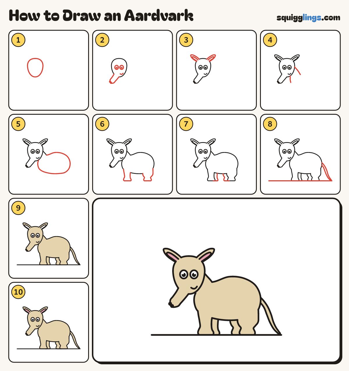 How to Draw an Aardvark step by step: all 10 steps in one picture