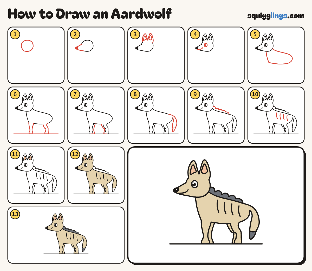 How to Draw an Aardwolf step by step: all 13 steps in one picture