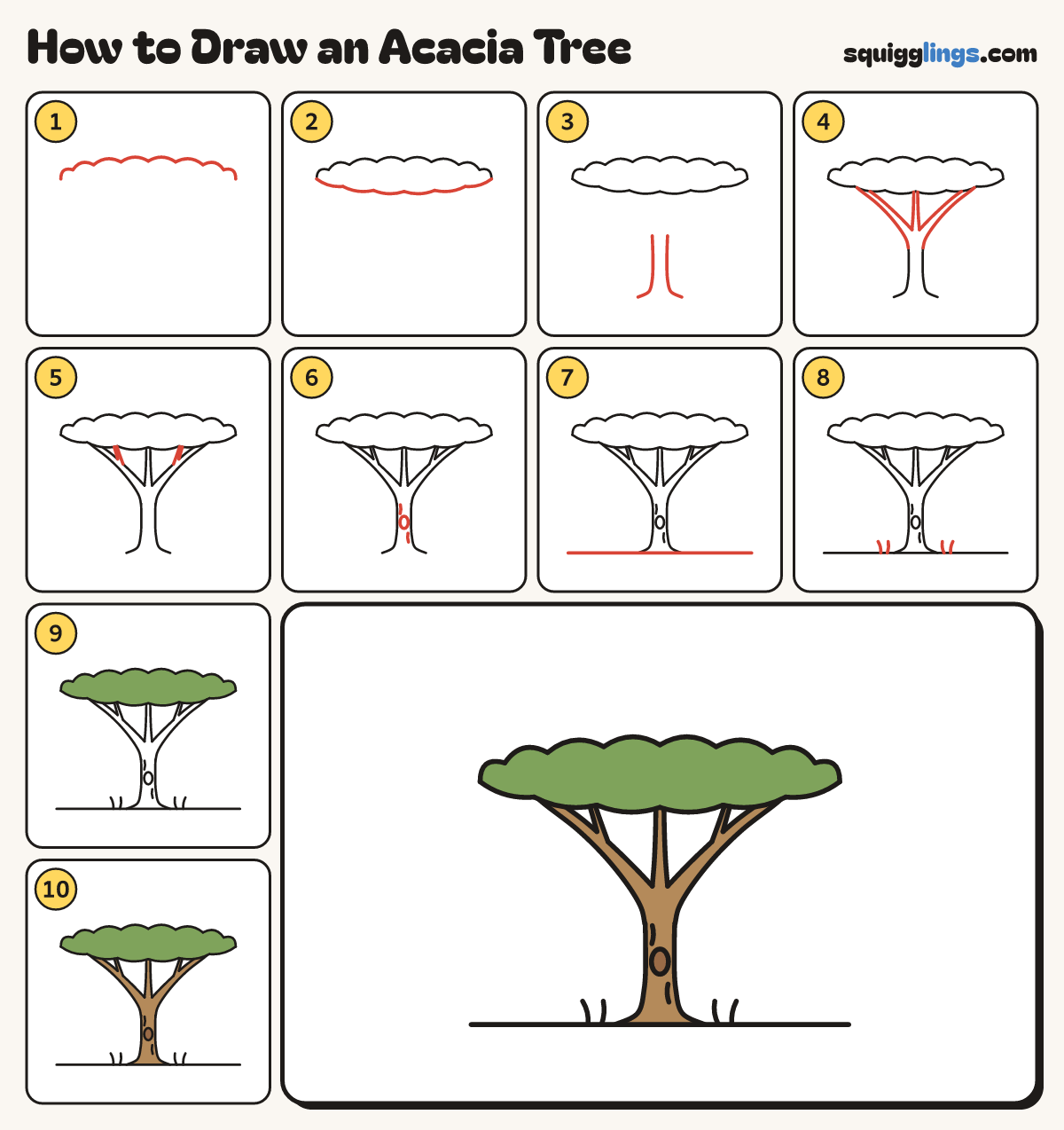 How to Draw an Acacia Tree step by step: all 10 steps in one picture
