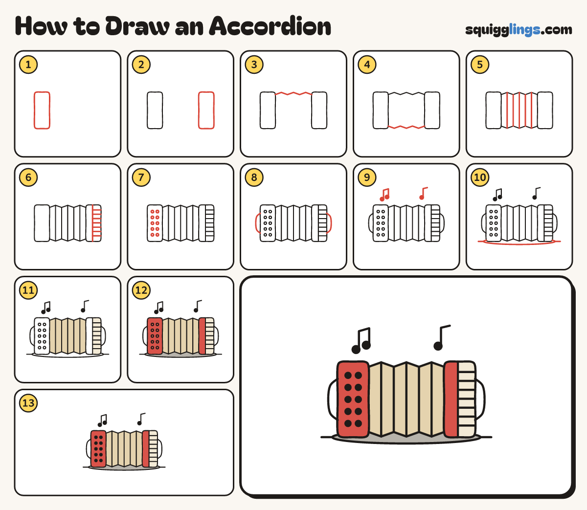 How to Draw an Accordion step by step: all 13 steps in one picture