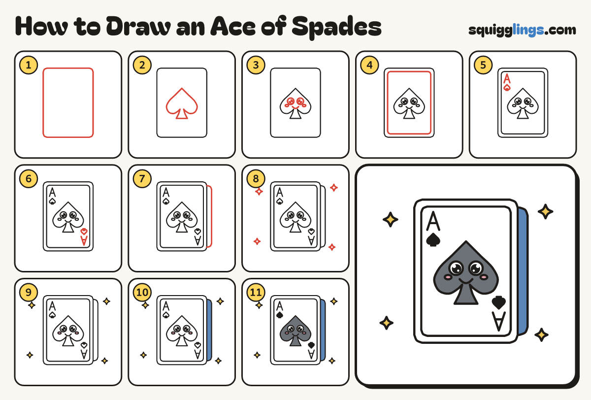How to Draw an Ace of Spades step by step: all 11 steps in one picture