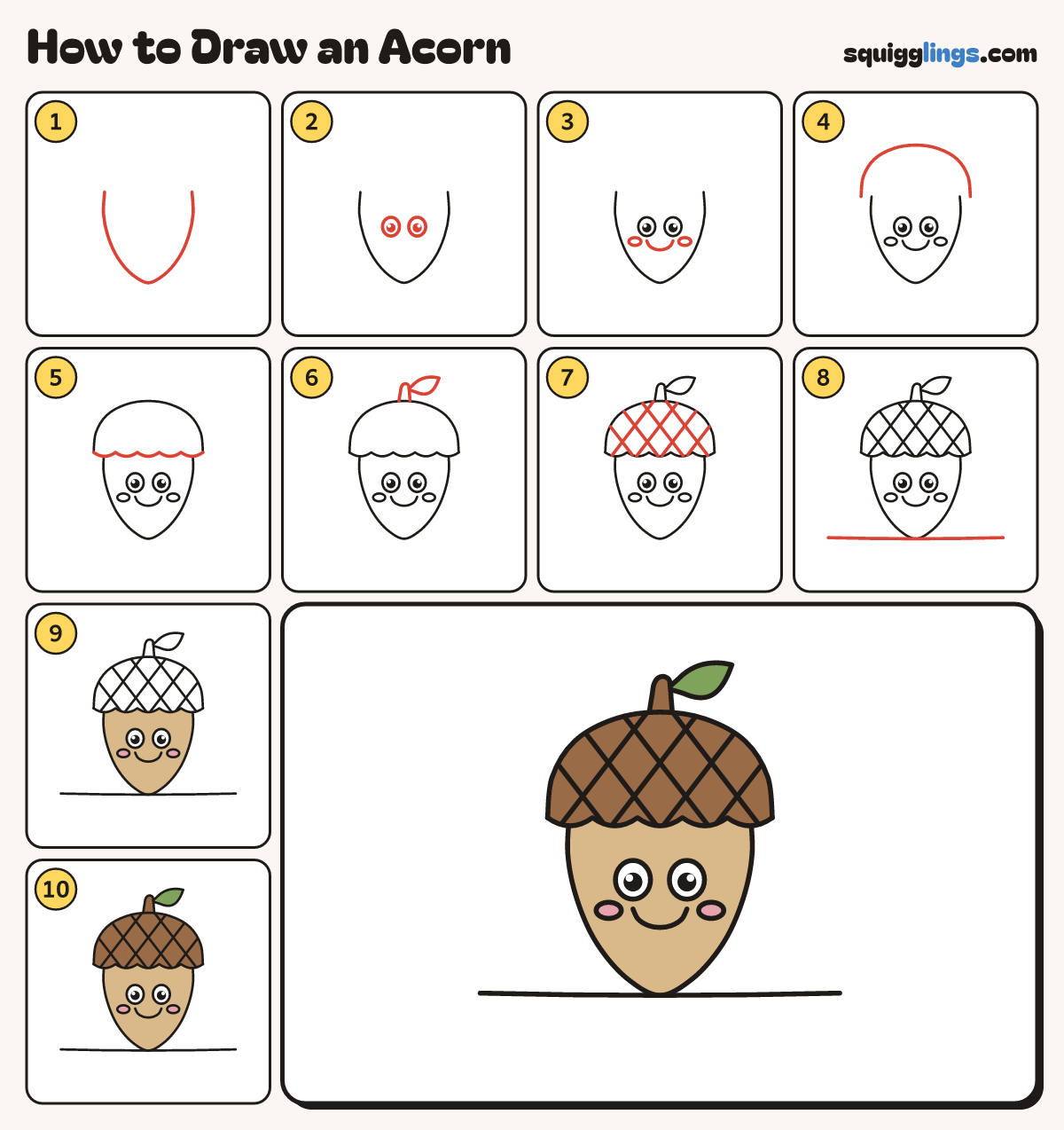 How to Draw an Acorn step by step: all 10 steps in one picture