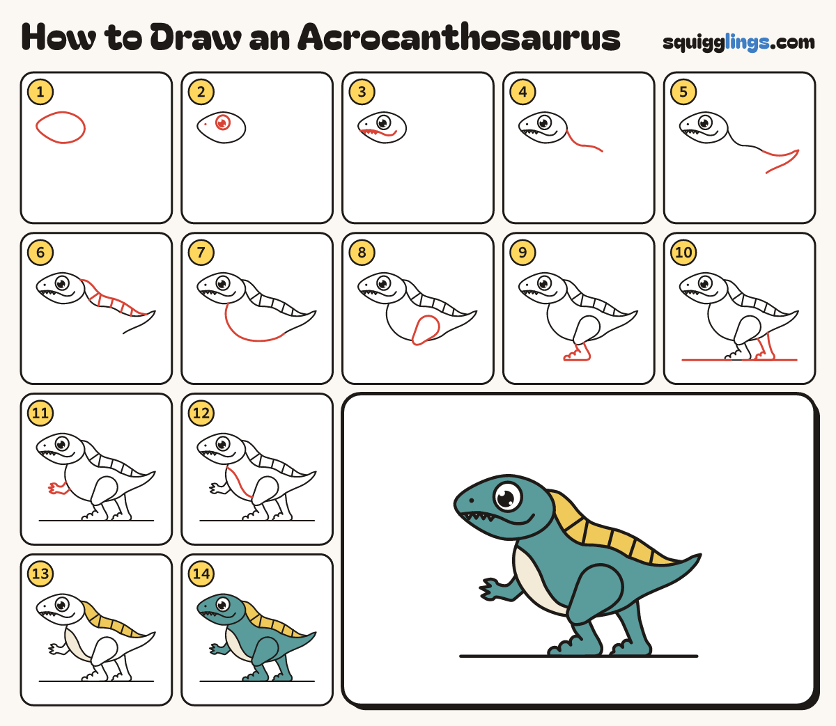 How to Draw an Acrocanthosaurus step by step: all 14 steps in one picture