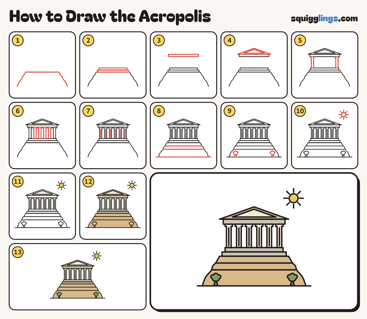 How to Draw the Acropolis step by step: all 13 steps in one picture