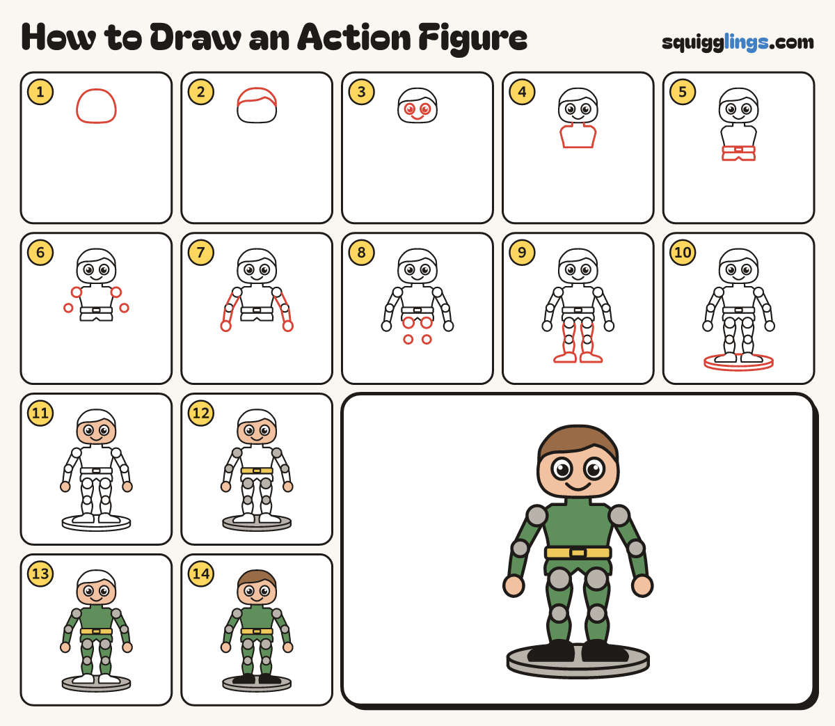 How to Draw an Action Figure step by step: all 14 steps in one picture