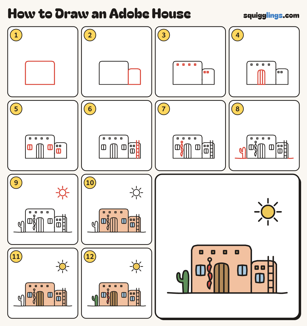 How to Draw an Adobe House step by step: all 12 steps in one picture