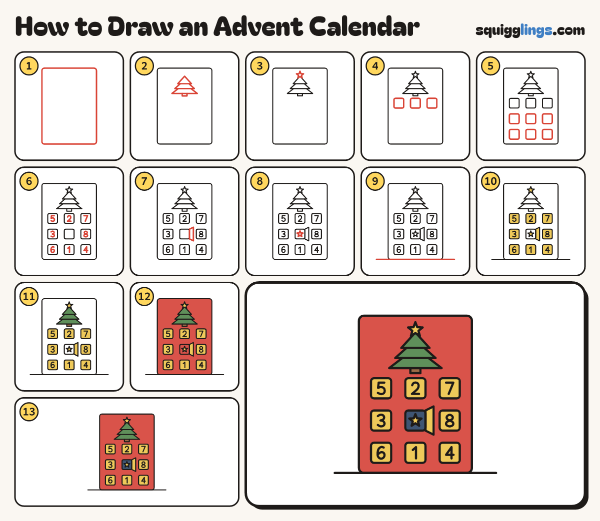 How to Draw an Advent Calendar step by step: all 13 steps in one picture