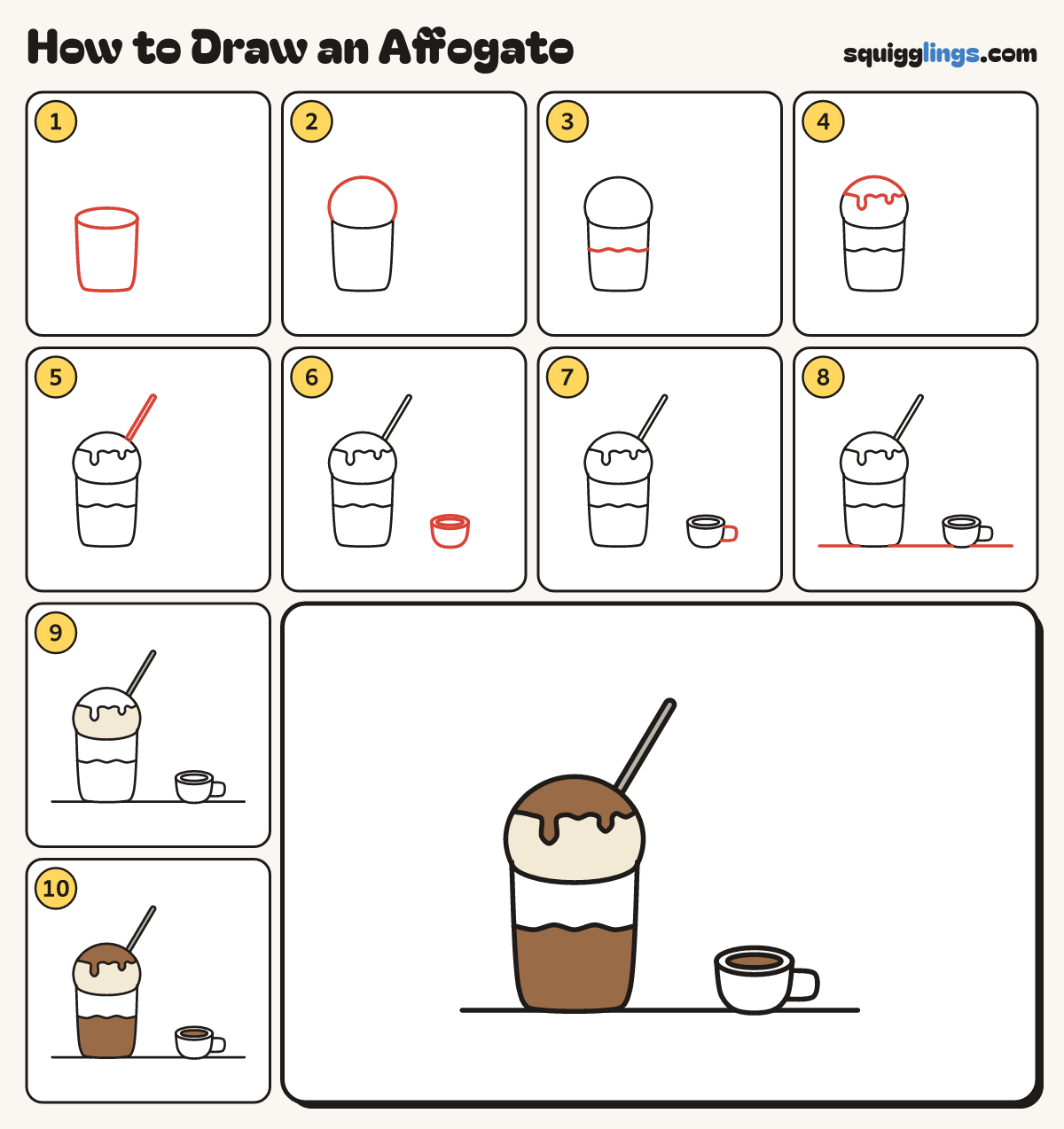 How to Draw an Affogato step by step: all 10 steps in one picture