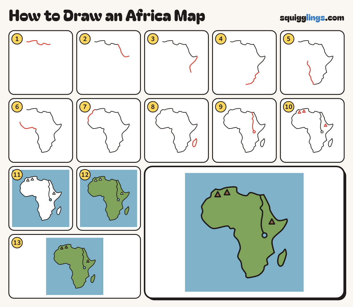 How to Draw an Africa Map step by step: all 13 steps in one picture