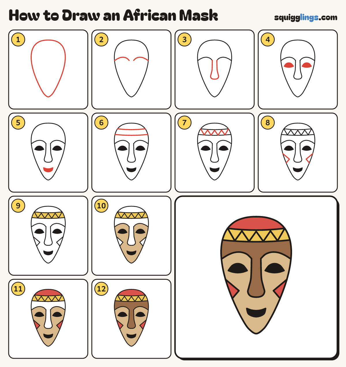 How to Draw an African Mask step by step: all 12 steps in one picture