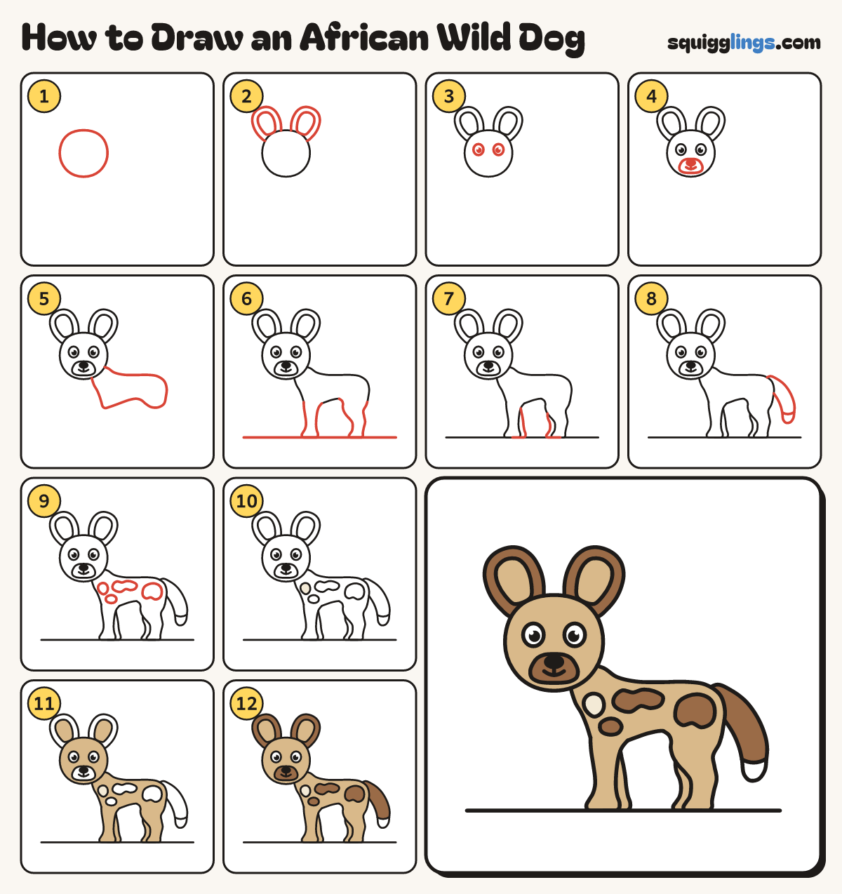 How to Draw an African Wild Dog step by step: all 12 steps in one picture