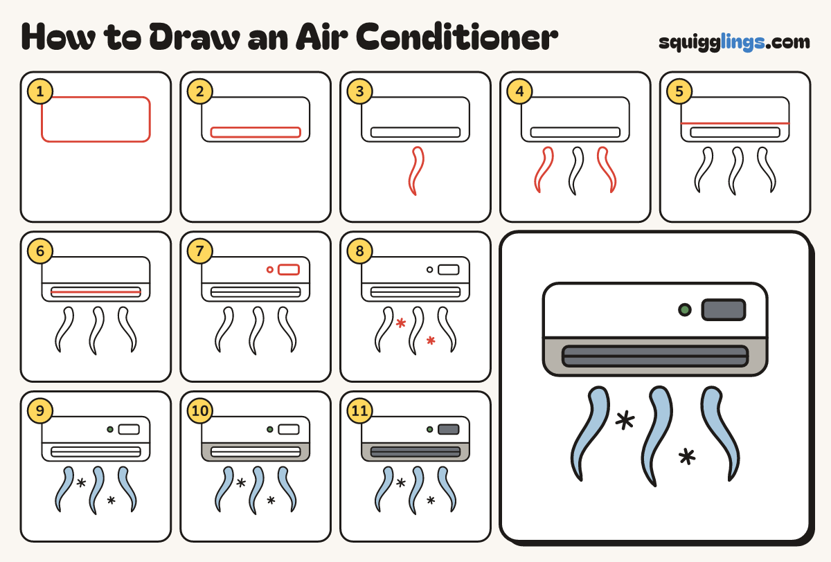 How to Draw an Air Conditioner step by step: all 11 steps in one picture