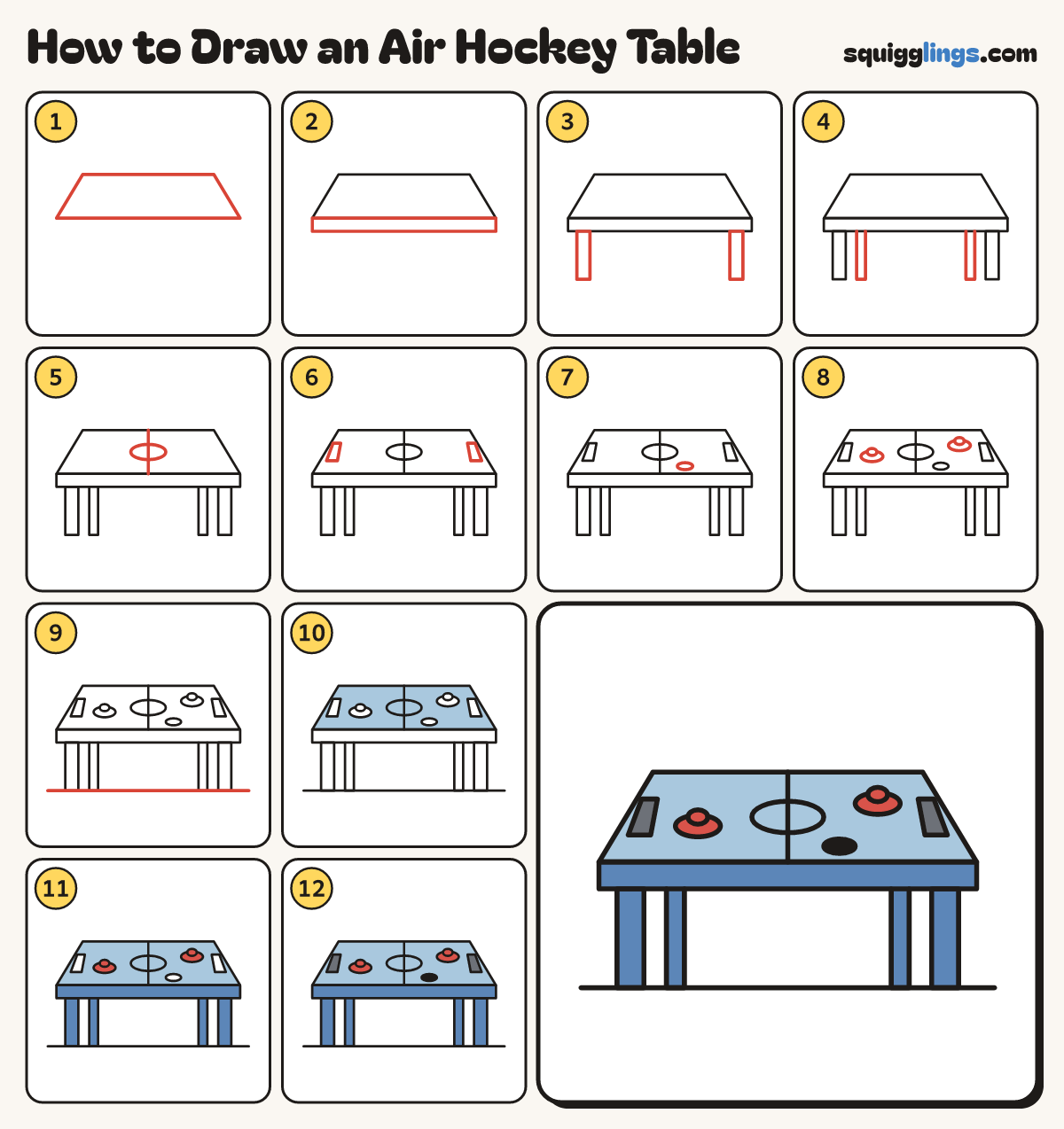 How to Draw an Air Hockey Table step by step: all 12 steps in one picture