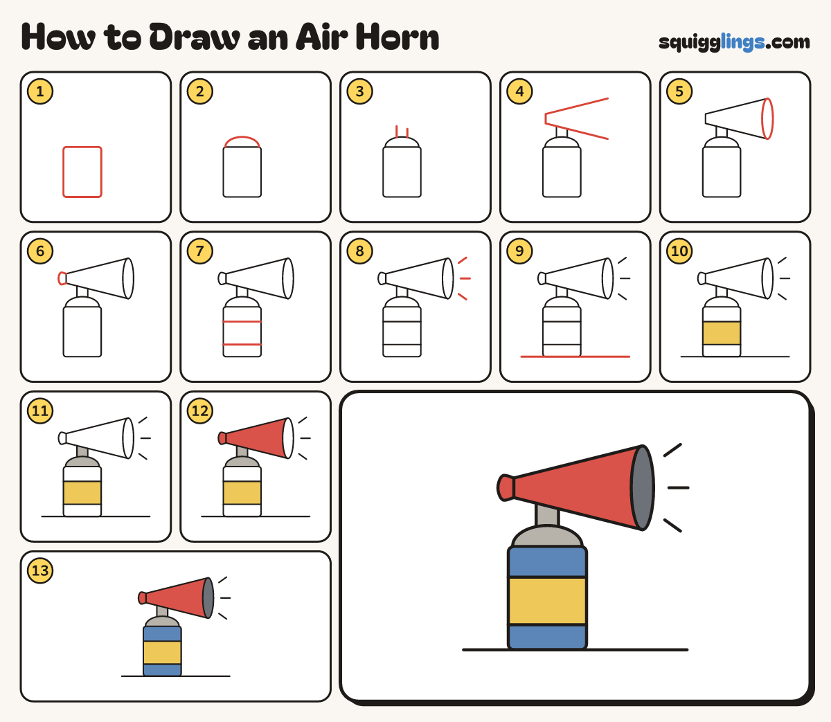 How to Draw an Air Horn step by step: all 13 steps in one picture