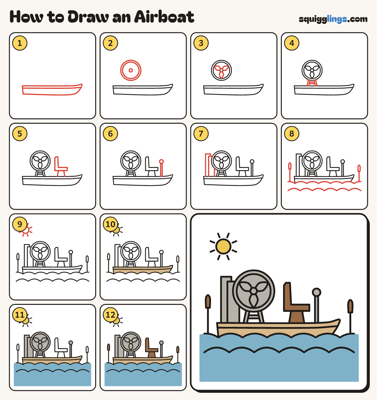 How to Draw an Airboat step by step: all 12 steps in one picture