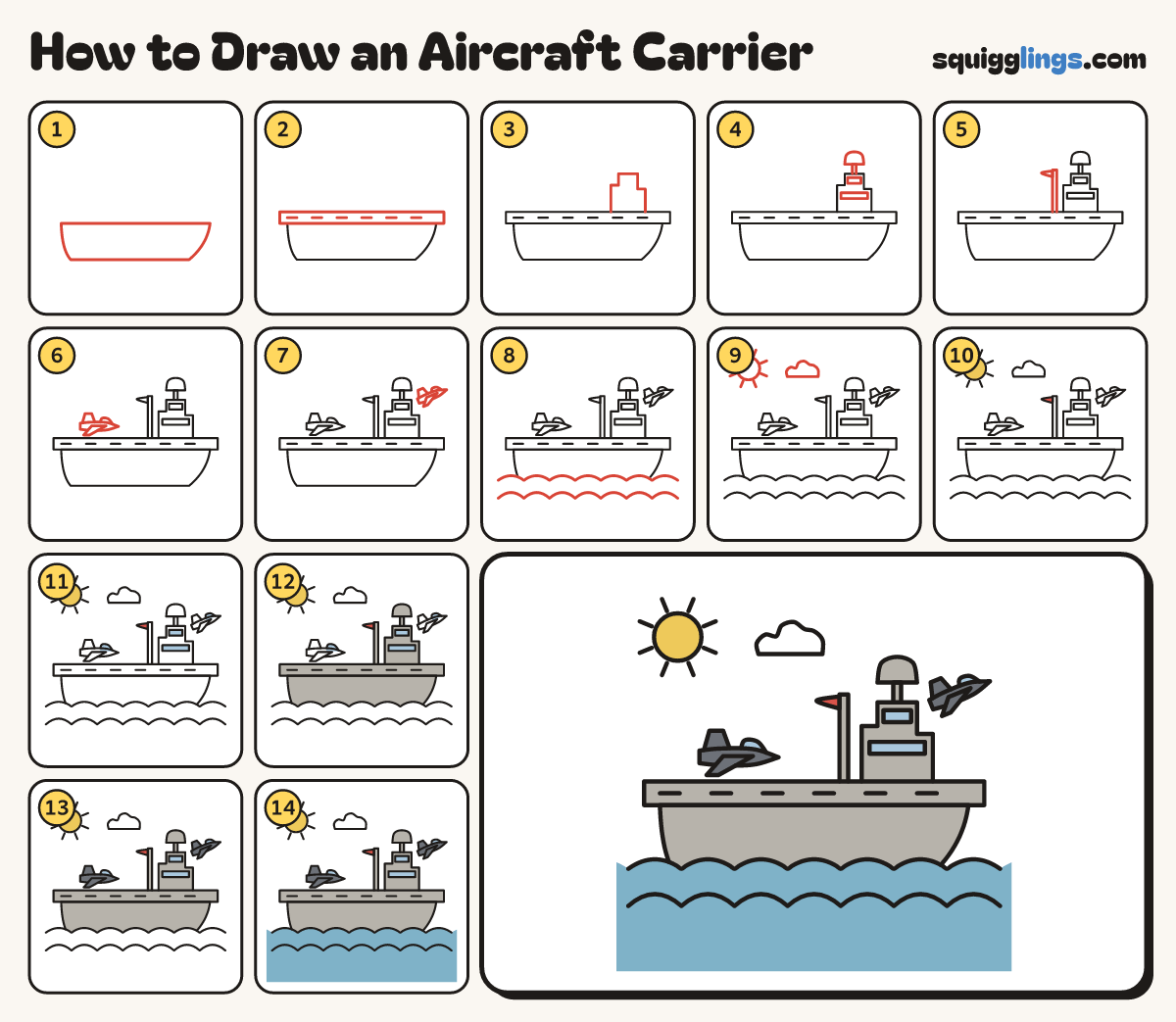 How to Draw an Aircraft Carrier step by step: all 14 steps in one picture