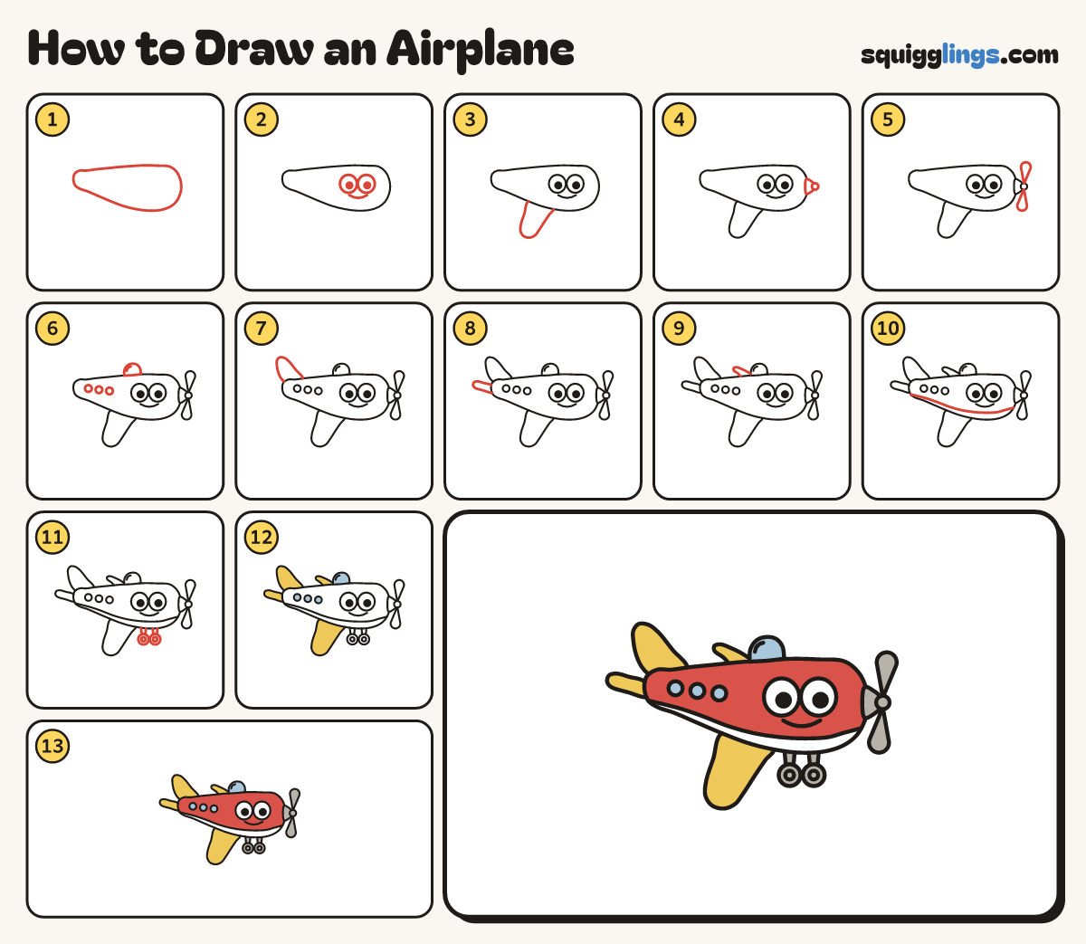 How to Draw an Airplane step by step: all 13 steps in one picture