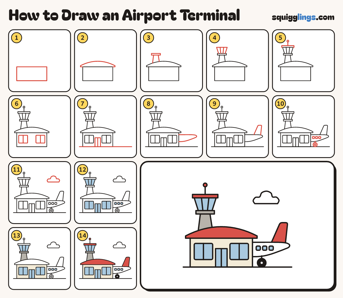 How to Draw an Airport Terminal step by step: all 14 steps in one picture