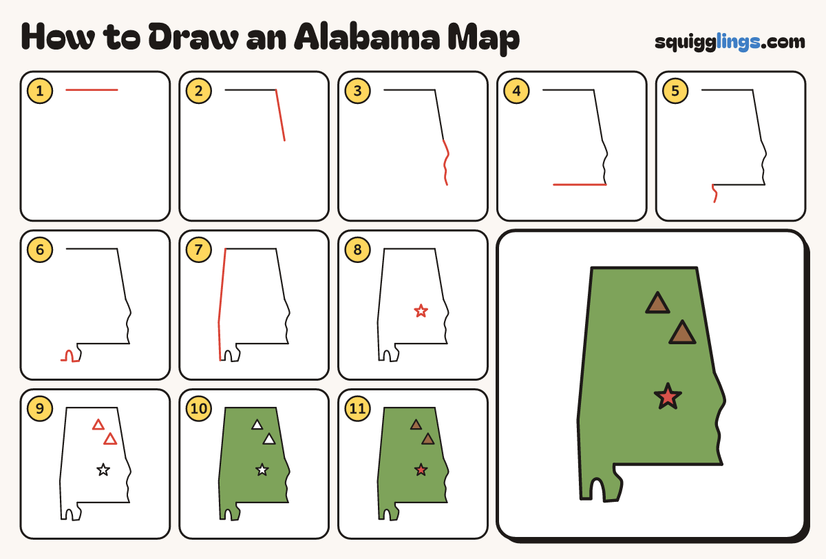 How to Draw an Alabama Map step by step: all 11 steps in one picture