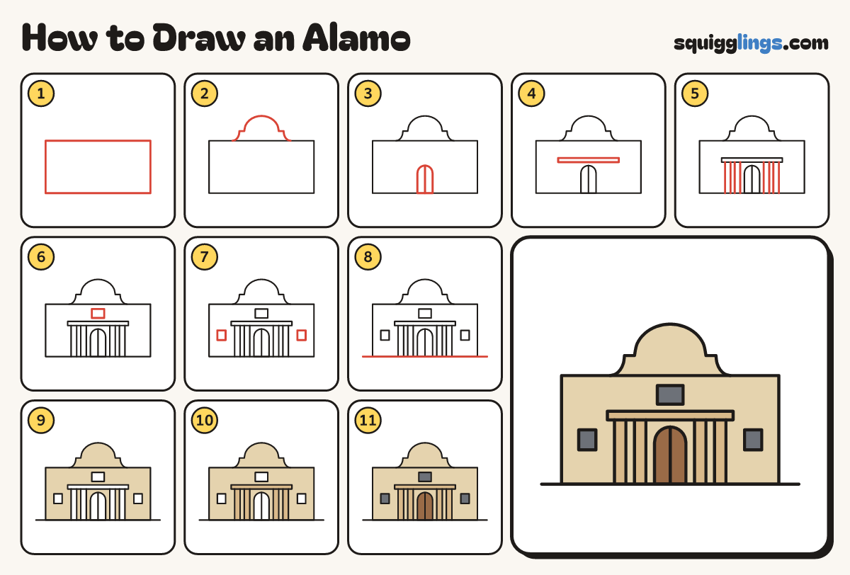 How to Draw an Alamo step by step: all 11 steps in one picture