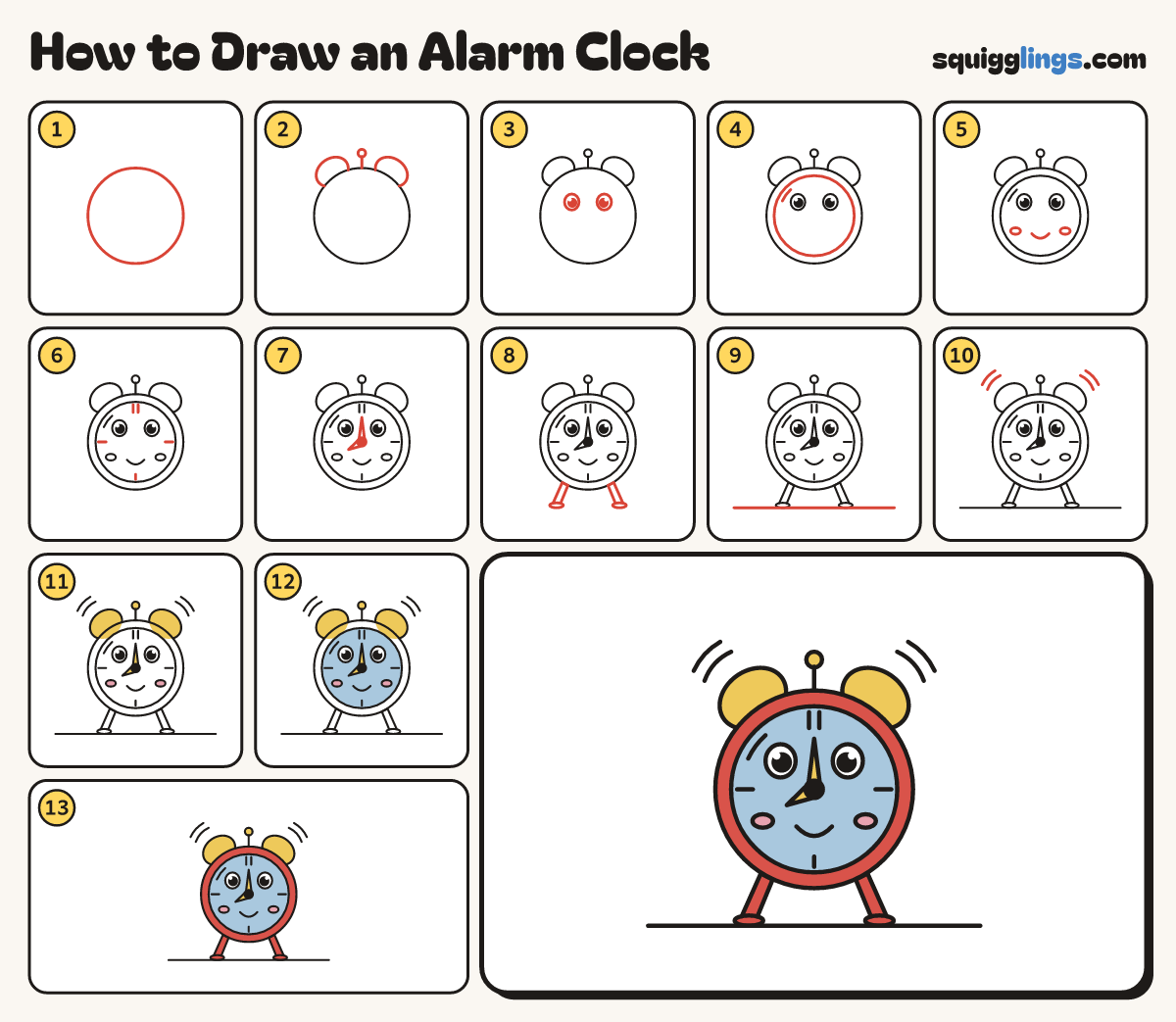 How to Draw an Alarm Clock step by step: all 13 steps in one picture