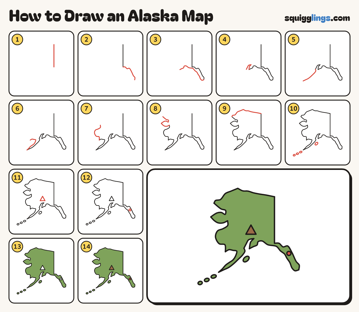 How to Draw an Alaska Map step by step: all 14 steps in one picture