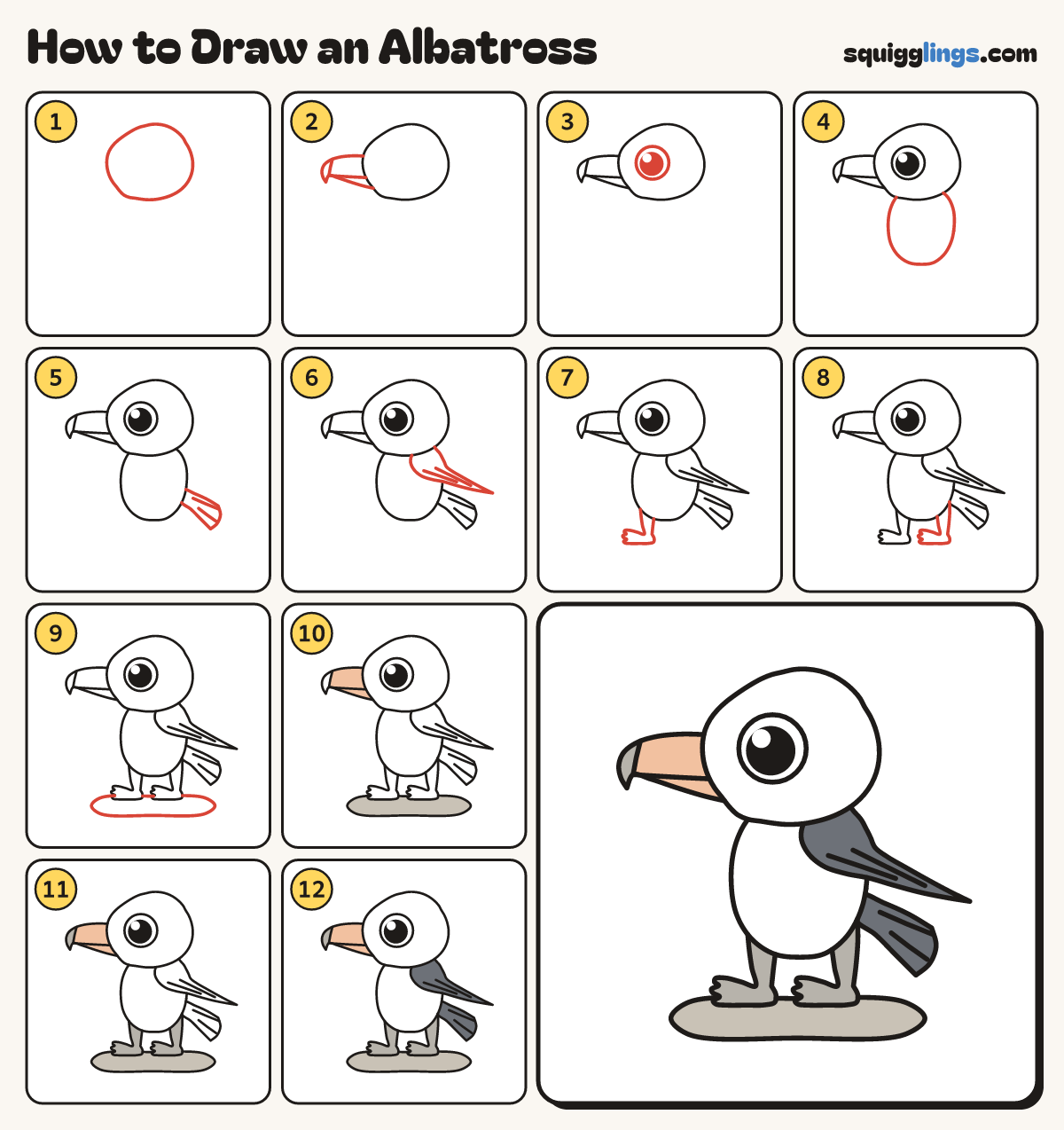 How to Draw an Albatross step by step: all 12 steps in one picture
