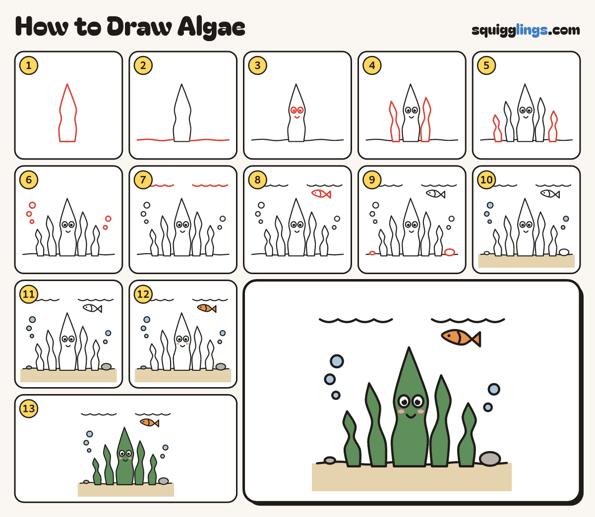 How to Draw Algae step by step: all 13 steps in one picture