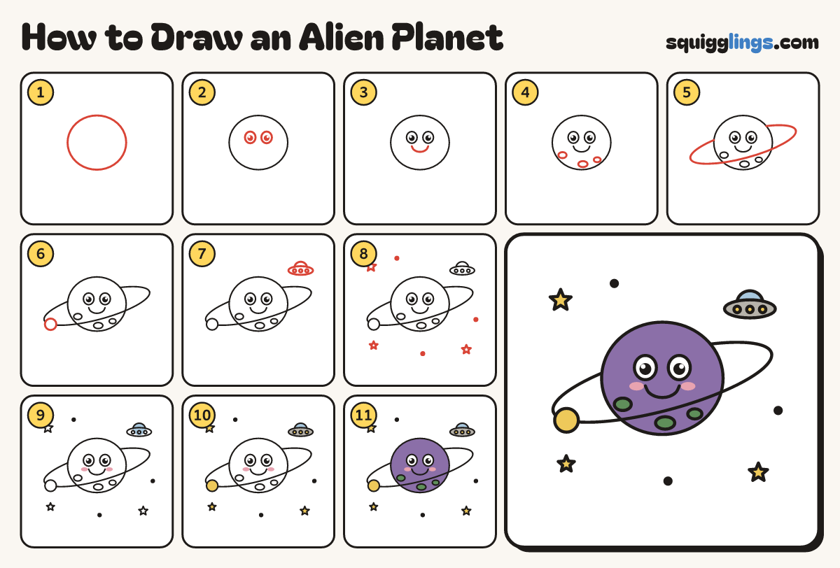 How to Draw an Alien Planet step by step: all 11 steps in one picture