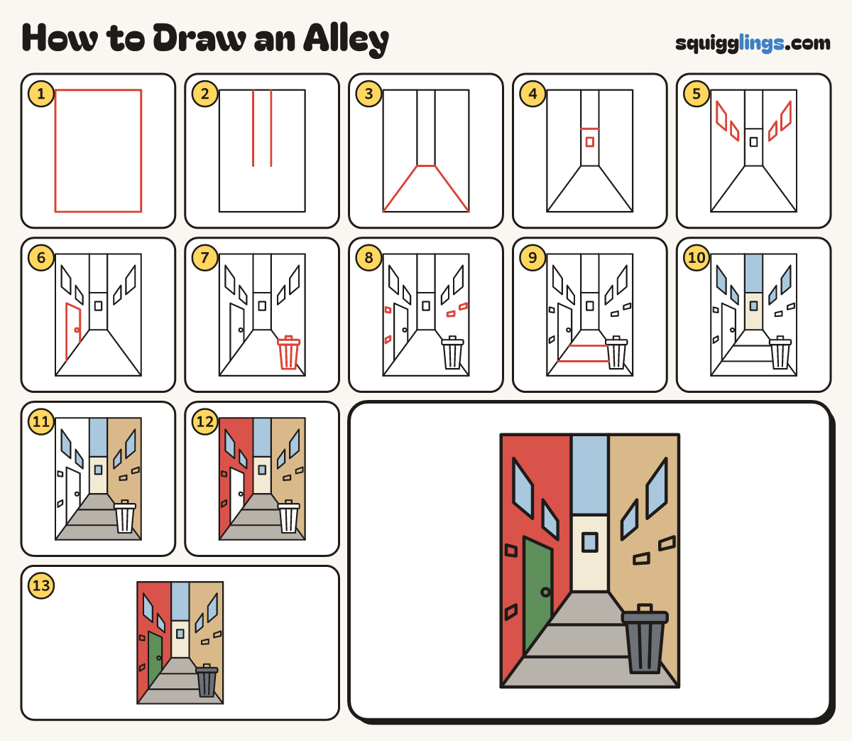How to Draw an Alley step by step: all 13 steps in one picture