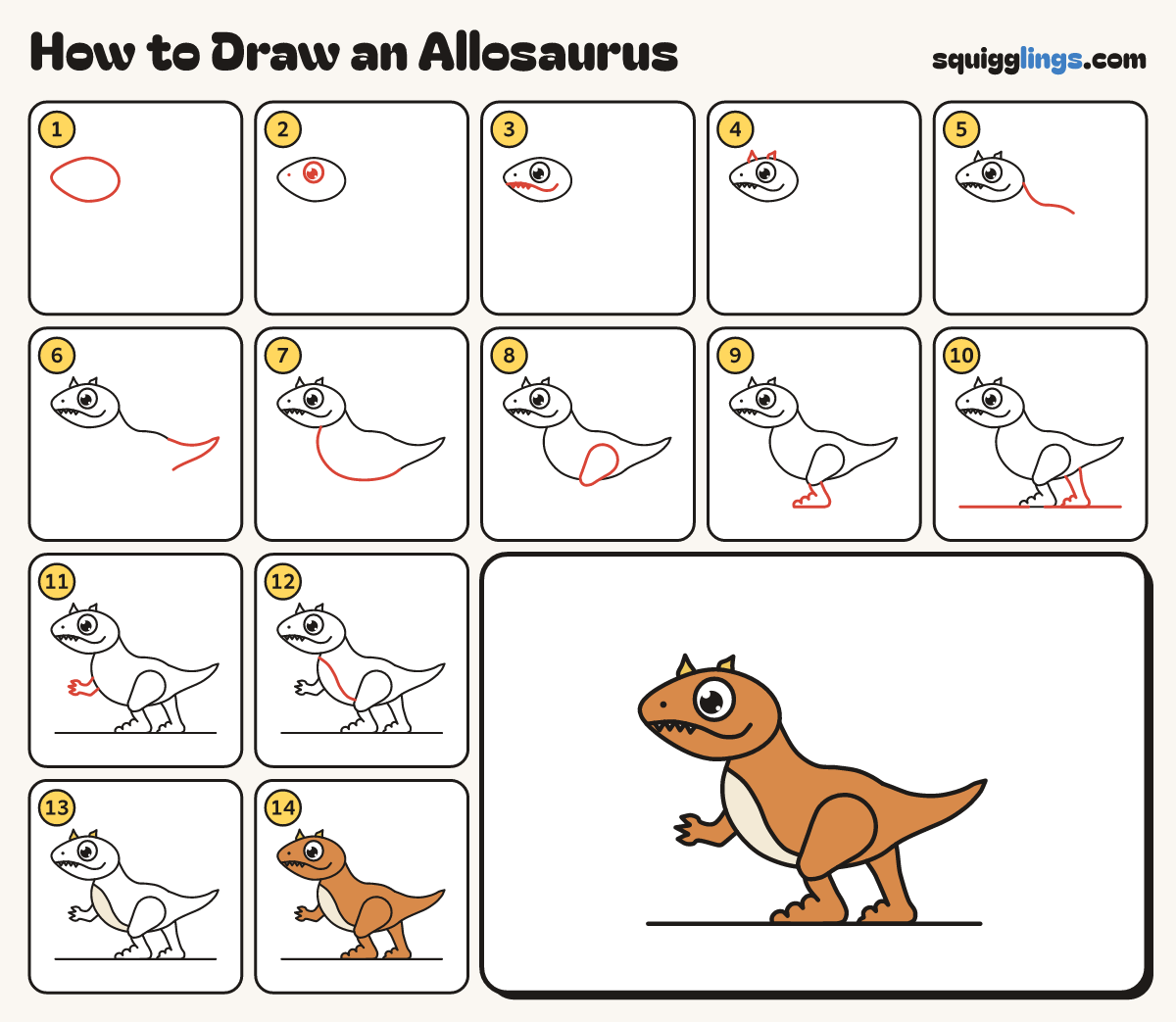 How to Draw an Allosaurus step by step: all 14 steps in one picture