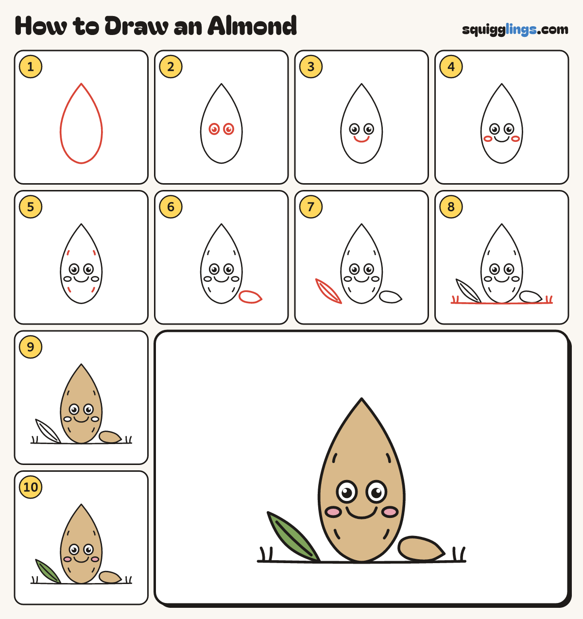 How to Draw an Almond step by step: all 10 steps in one picture