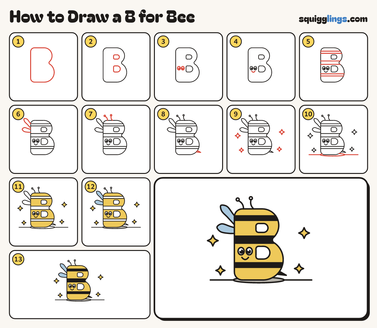 How to Draw a B for Bee step by step: all 13 steps in one picture
