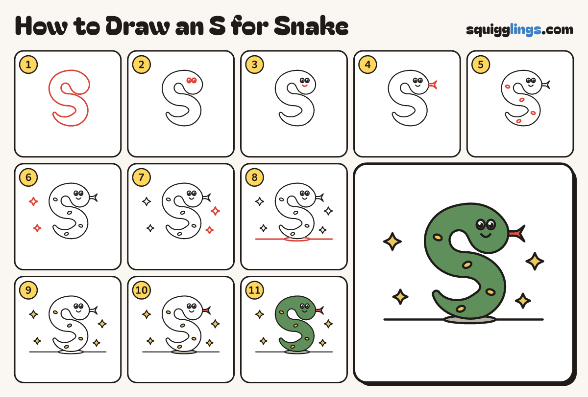 How to Draw an S for Snake step by step: all 11 steps in one picture
