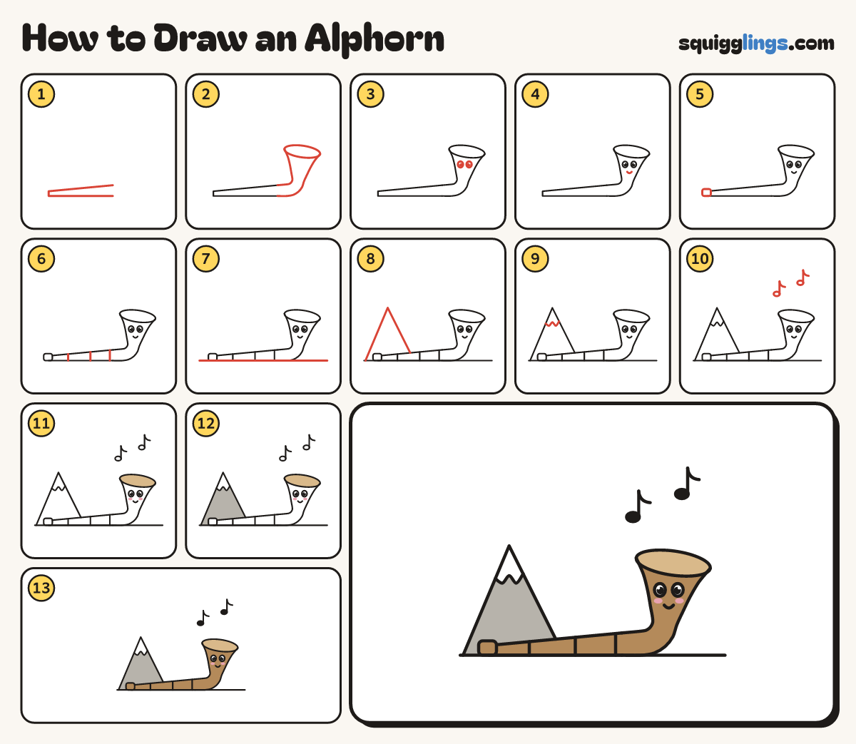 How to Draw an Alphorn step by step: all 13 steps in one picture