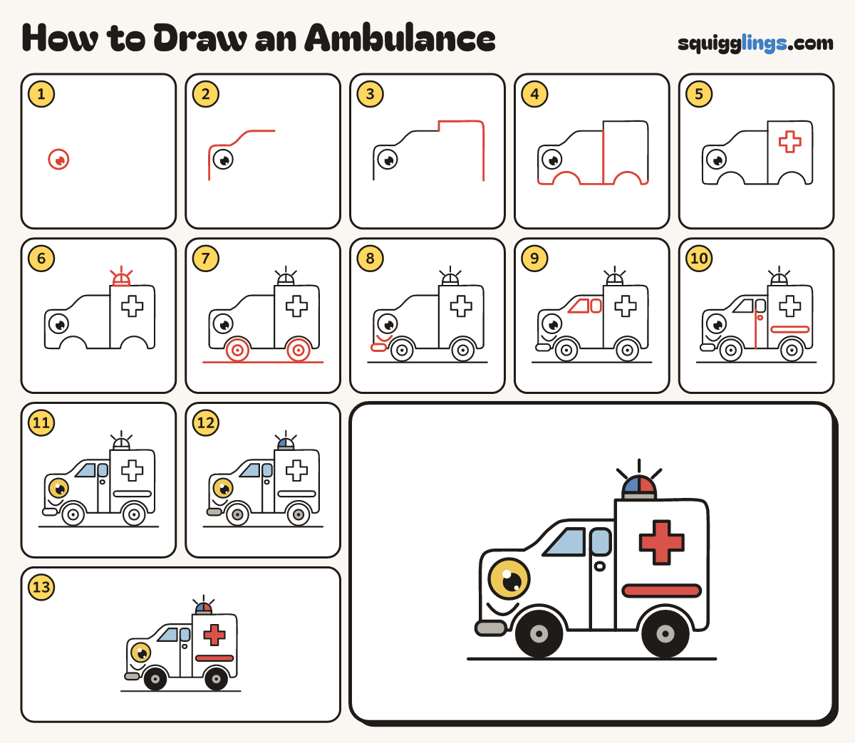 How to Draw an Ambulance step by step: all 13 steps in one picture