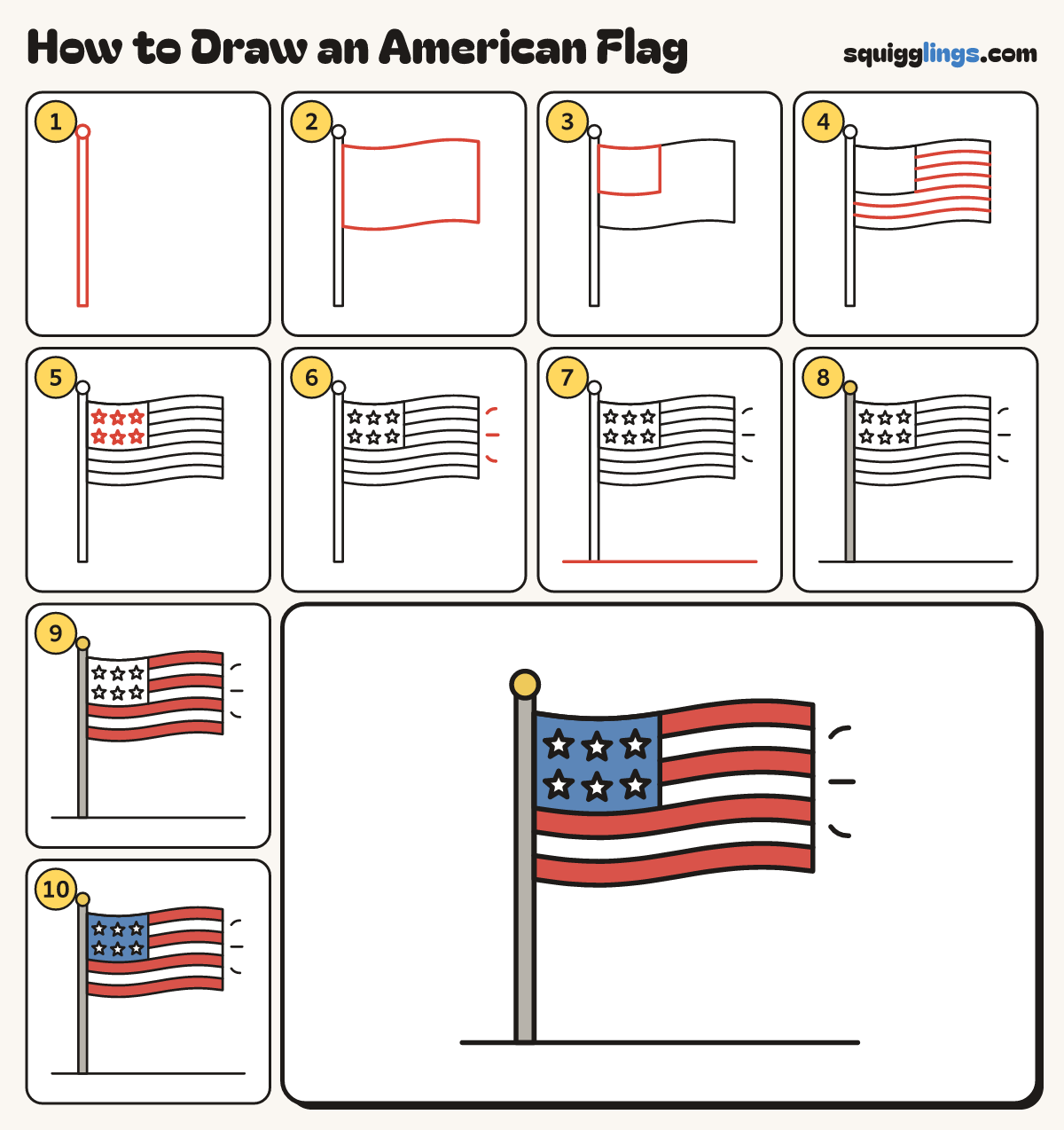 How to Draw an American Flag step by step: all 10 steps in one picture