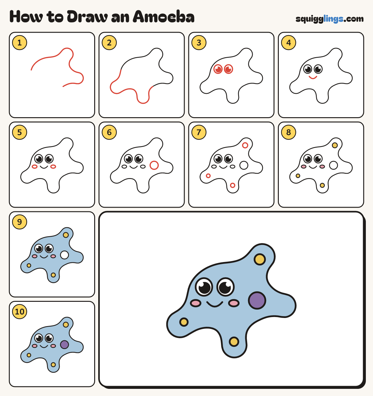 How to Draw an Amoeba step by step: all 10 steps in one picture