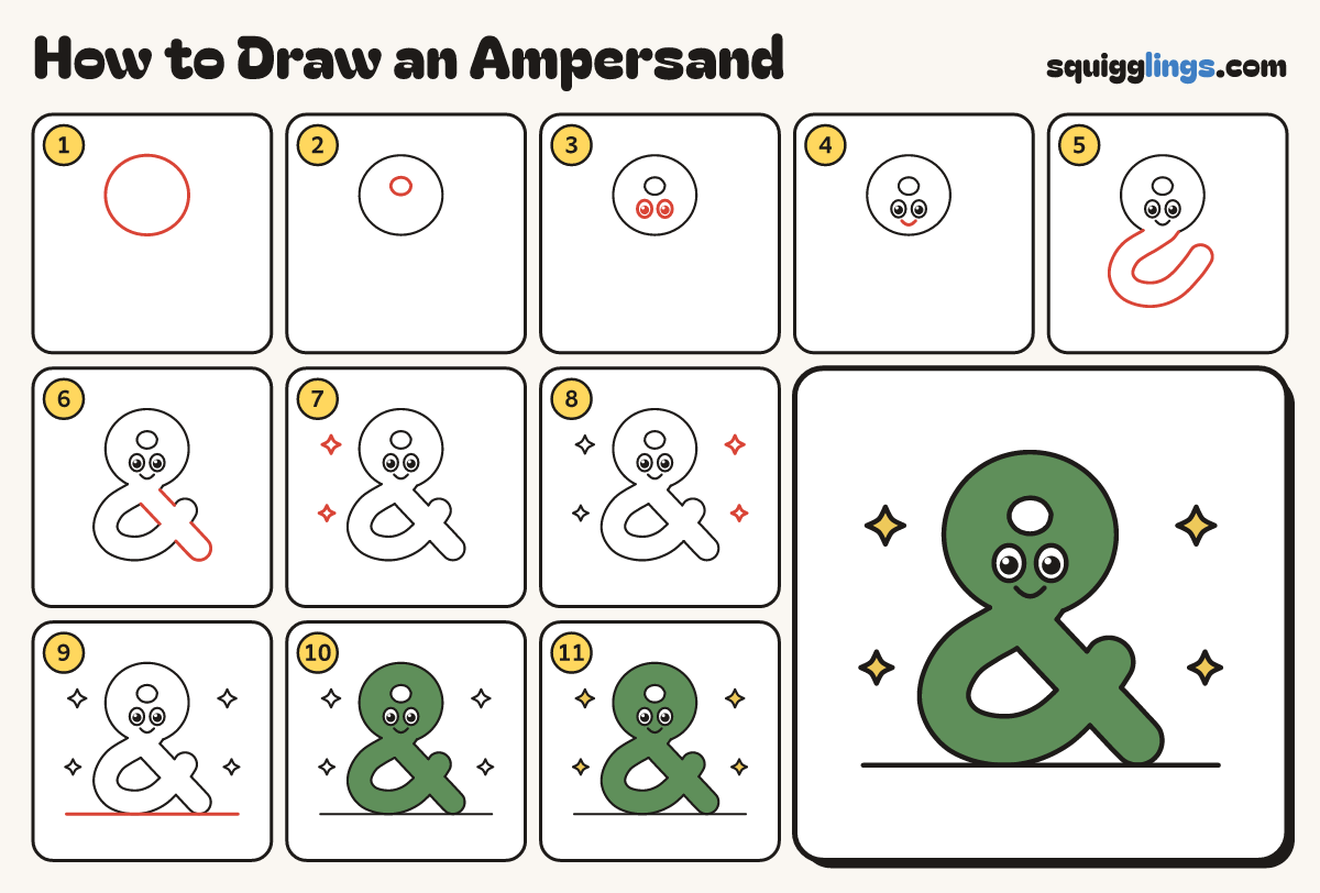 How to Draw an Ampersand step by step: all 11 steps in one picture