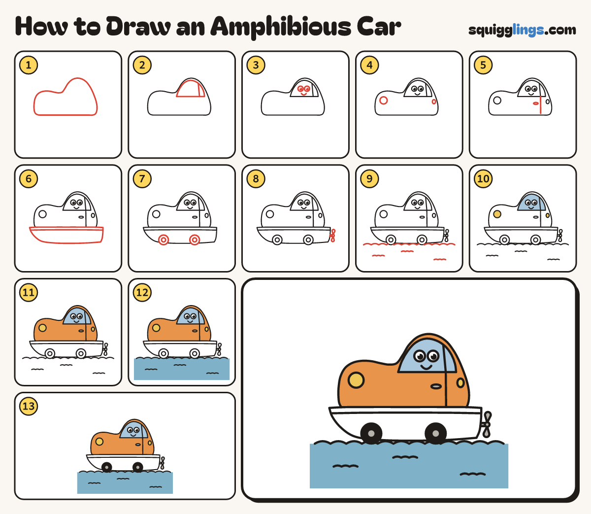 How to Draw an Amphibious Car step by step: all 13 steps in one picture