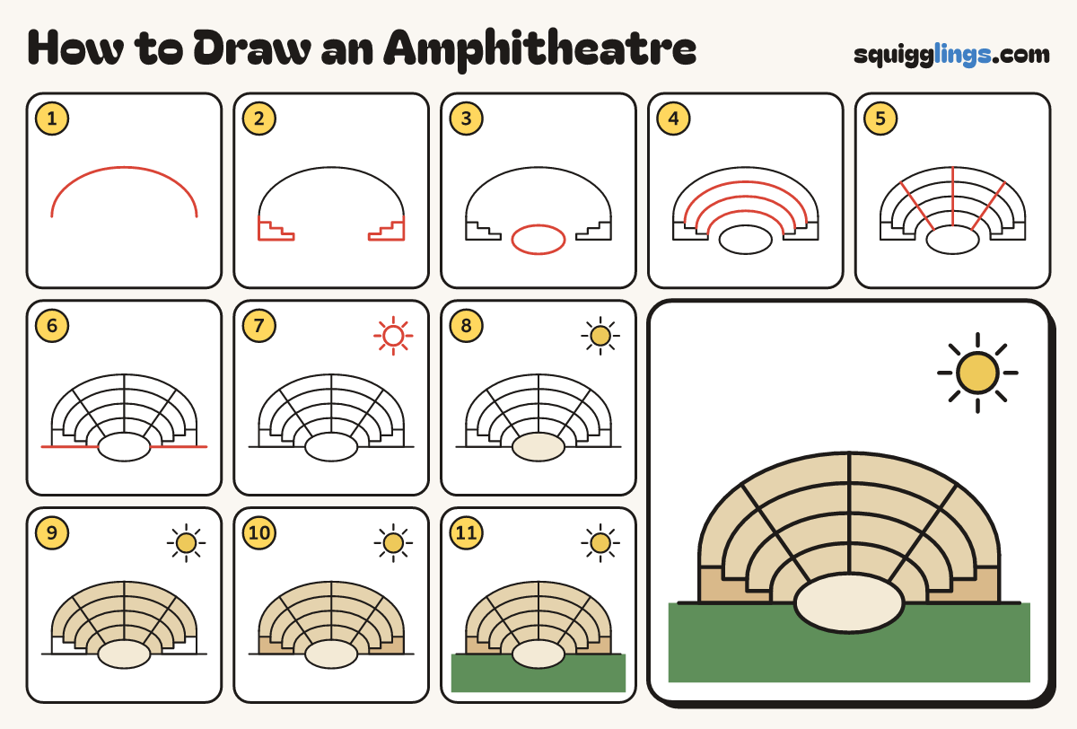 How to Draw an Amphitheatre step by step: all 11 steps in one picture