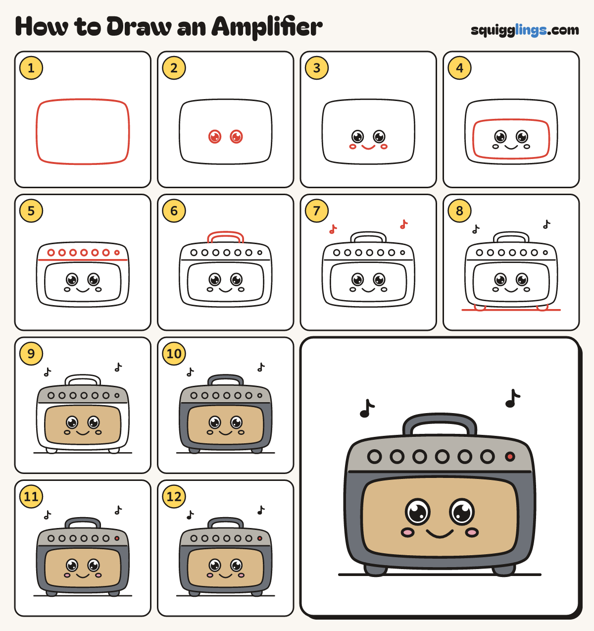 How to Draw an Amplifier step by step: all 12 steps in one picture
